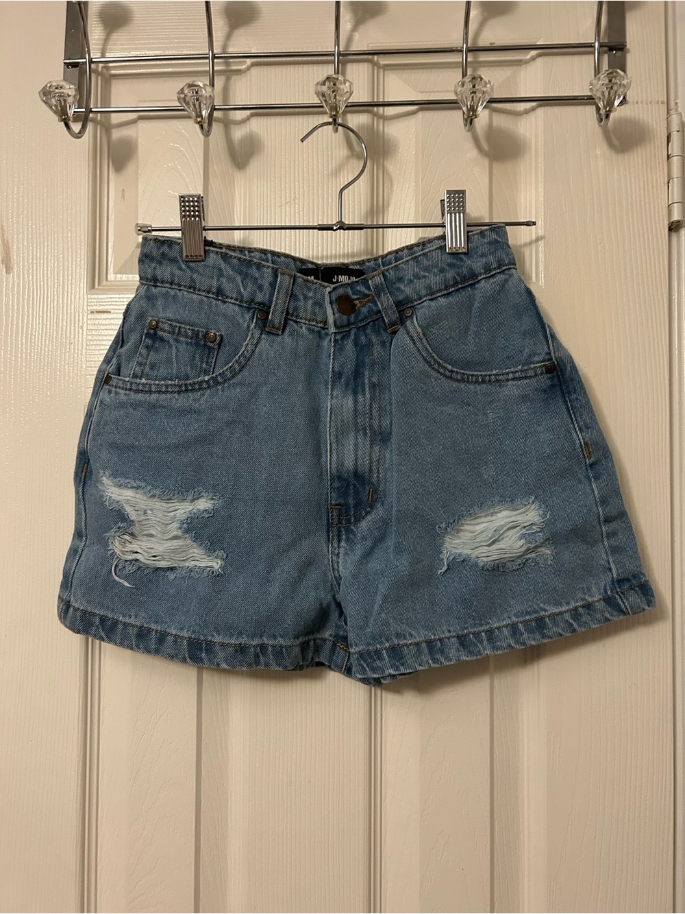 JM Collection Light Blue Distressed High-Rise Jean Shorts